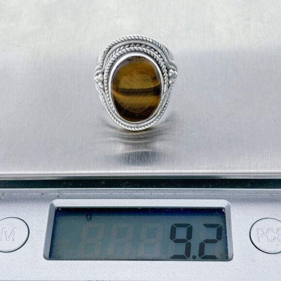 Rope Bead Detail Tiger's Eye Oval Statement Ring Sterling Silver 925 | Size 8.5 - Picture 7 of 7